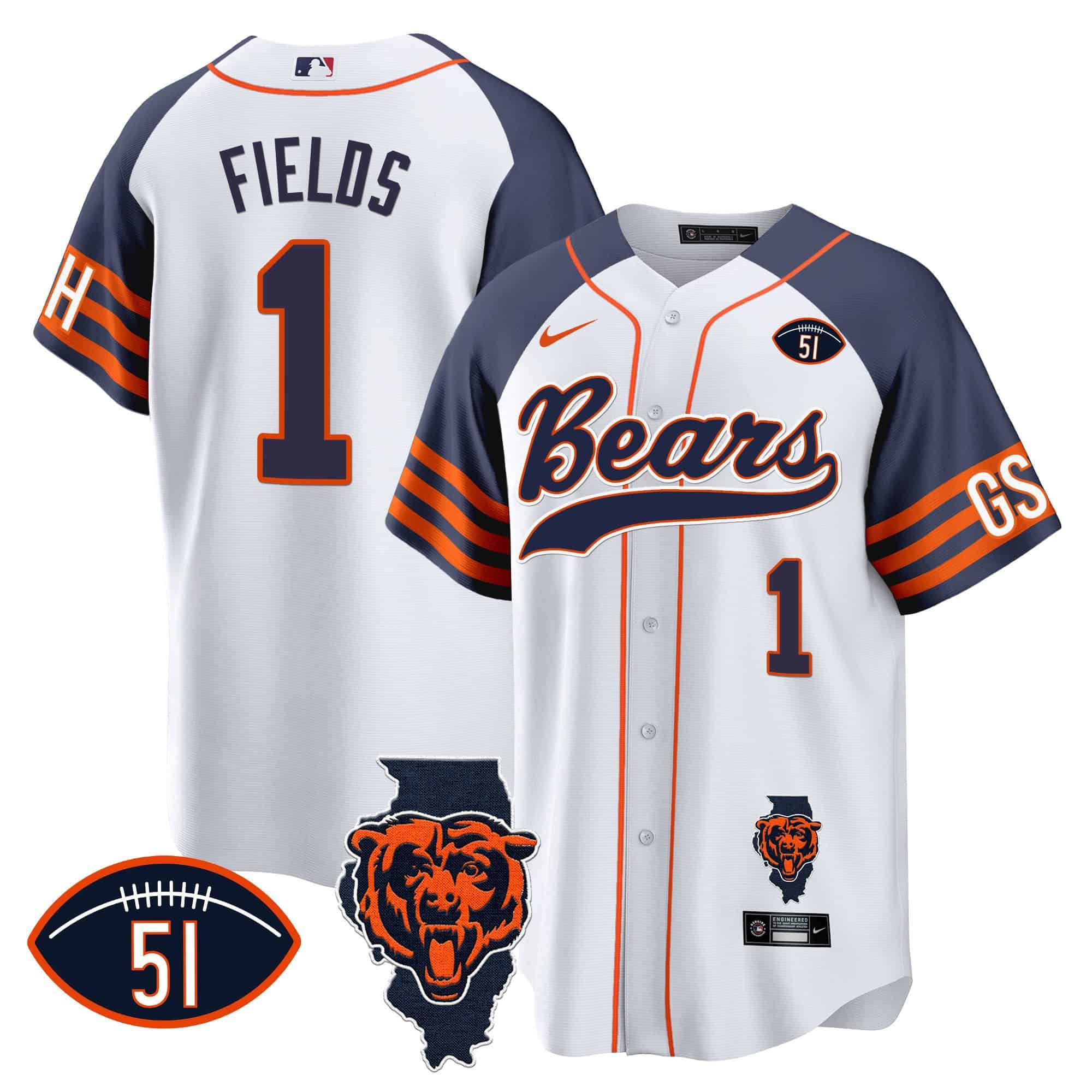 Men Chicago Bears 1 Fields White 2024 Nike Patch Baseball NFL Jersey style 2